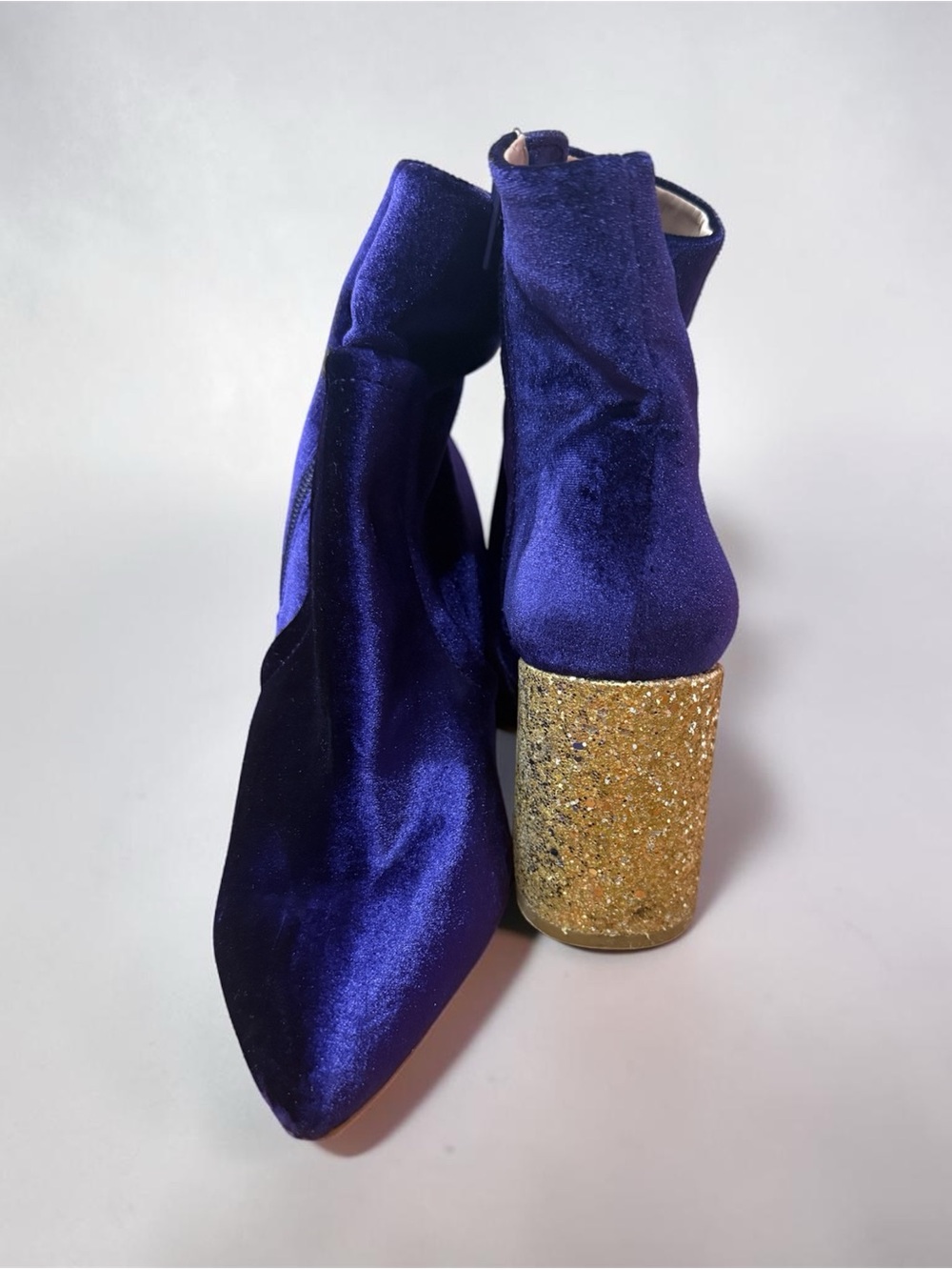 Betsey Johnson Royal Purple Velvet Ankle Boots with Gold Glitter Block Heels